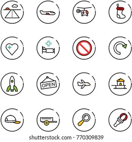 line vector icon set - runway vector, small plane, helicopter, christmas sock, heart, hospital bed, prohibition road sign, redo, rocket, open, bungalow, cap, trailer, beanbag