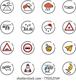 line vector icon set - runway vector, clouds, storm, small plane, helicopter, christmas landscape, snowfall, airport road sign, artificial unevenness, no bus, moon flag, paper fly, rocket, toy, lamp