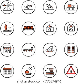 line vector icon set - runway vector, departure, arrival, baggage, travolator, waiting area, terrorism, officer window, duty free, truck, trap, plane seats, schedule, scales, airport building