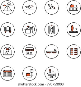 line vector icon set - runway vector, departure, arrival, baggage, passport control, metal detector gate, travolator, officer window, duty free, truck, plane seats, schedule, scales