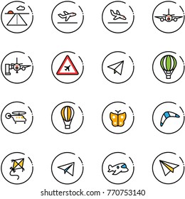 line vector icon set - runway vector, departure, arrival, plane, boarding passengers, airport road sign, paper fly, air balloon, helicopter, butterfly, boomerang, kite, toy