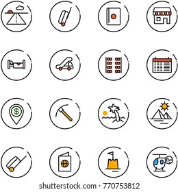 line vector icon set - runway vector, suitcase, passport, duty free, hotel, trap truck, plane seats, schedule, dollar pin, rock axe, palm, pyramid, sand castle, helicopter toy