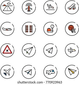 line vector icon set - runway vector, plane radar, arrival, trap truck, small, seats, baggage scales, globe, airport road sign, paper, fly, toy