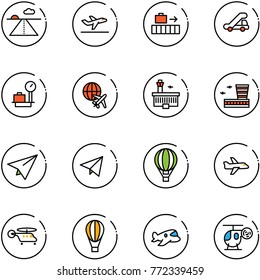 line vector icon set - runway vector, departure, baggage, trap truck, scales, plane globe, airport building, paper, fly, air balloon, helicopter, toy