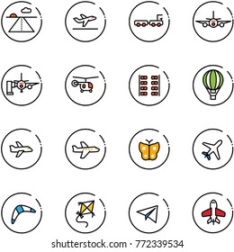 line vector icon set - runway vector, departure, baggage truck, plane, boarding passengers, helicopter, seats, air balloon, butterfly, boomerang, kite, paper, toy