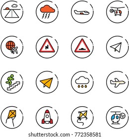 line vector icon set - runway vector, storm, small plane, helicopter, globe, abrupt turn right road sign, artificial unevenness, paper fly, career, rain cloud, kite, rocket, toy