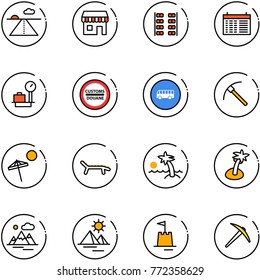 line vector icon set - runway vector, duty free, plane seats, schedule, baggage scales, customs road sign, bus, rock axe, beach, lounger, palm, mountains, pyramid, sand castle