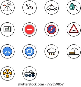 line vector icon set - runway vector, arrival, safety car, blood test, statistics report, no way road sign, parkin odd, artificial unevenness, detour, circle, rain cloud, inflatable pool, parasol