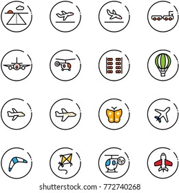 line vector icon set - runway vector, departure, arrival, baggage truck, plane, helicopter, seats, air balloon, butterfly, boomerang, kite, toy