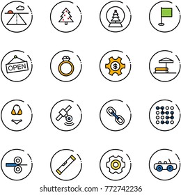 line vector icon set - runway vector, christmas tree, snowball, flag, open, diamond ring, money managemet, inflatable pool, swimsuit, satellite, link, circuit, steel rolling, level, gear, toy car