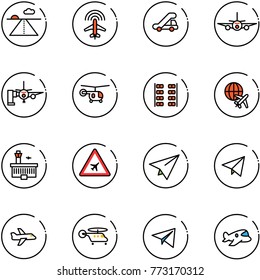 line vector icon set - runway vector, plane radar, trap truck, boarding passengers, helicopter, seats, globe, airport building, road sign, paper, fly, toy