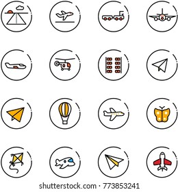 line vector icon set - runway vector, departure, baggage truck, plane, small, helicopter, seats, paper fly, air balloon, butterfly, kite, toy