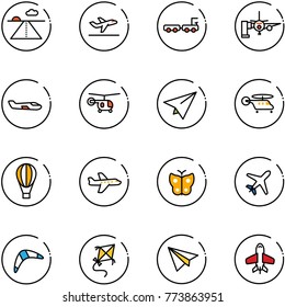 line vector icon set - runway vector, departure, baggage truck, boarding passengers, small plane, helicopter, paper, air balloon, butterfly, boomerang, kite, toy