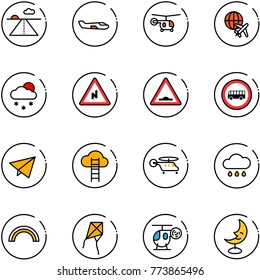line vector icon set - runway vector, small plane, helicopter, globe, snowfall, abrupt turn right road sign, artificial unevenness, no bus, paper fly, cloud ladder, rain, rainbow, kite, toy