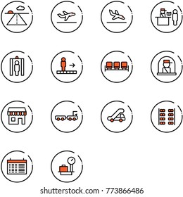 line vector icon set - runway vector, departure, arrival, passport control, metal detector gate, travolator, waiting area, officer window, duty free, baggage truck, trap, plane seats, schedule
