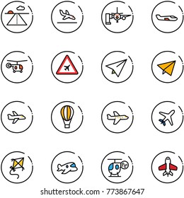 line vector icon set - runway vector, arrival, boarding passengers, small plane, helicopter, airport road sign, paper, fly, air balloon, kite, toy