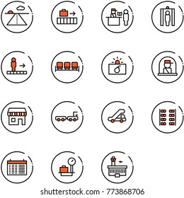 line vector icon set - runway vector, baggage, passport control, metal detector gate, travolator, waiting area, terrorism, officer window, duty free, truck, trap, plane seats, schedule, scales