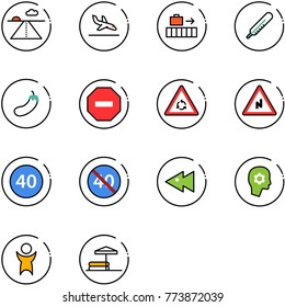 line vector icon set - runway vector, arrival, baggage, thermometer, eggplant, no way road sign, round motion, abrupt turn right, minimal speed limit, end, fast backward, brain work, success