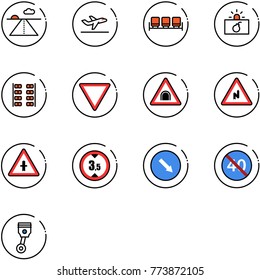line vector icon set - runway vector, departure, waiting area, terrorism, plane seats, giving way road sign, tunnel, abrupt turn right, intersection, limited height, detour, end minimal speed limit