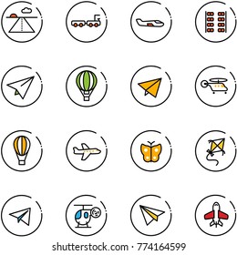 line vector icon set - runway vector, baggage truck, small plane, seats, paper, air balloon, fly, helicopter, butterfly, kite, toy