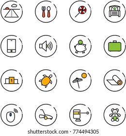 line vector icon set - runway vector, spoon and fork, lollipop, money chest, phone, volume max, piggy bank, case, pedestal, sea turtle, beach, mat, mouse wireless, lawn mower, laser lever, bear toy