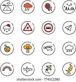 line vector icon set - runway vector, storm, plane globe, christmas landscape, snowfall, abrupt turn right road sign, no bus, paper fly, moon flag, cloud ladder, helicopter, rain, rainbow, kite