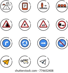 line vector icon set - runway vector, parking sign, travolator, waiting area, landslide road, abrupt turn right, children, no trailer, only, circle, end minimal speed limit, paper fly, helicopter