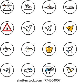 line vector icon set - runway vector, arrival, plane, small, airport road sign, paper, fly, butterfly, toy, helicopter