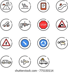 line vector icon set - runway vector, arrival, parking sign, escalator up, trap truck, boarding passengers, stop road, embankment, intersection, detour, circle, helicopter, limousine, plane