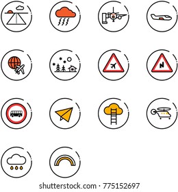 line vector icon set - runway vector, storm, boarding passengers, small plane, globe, christmas landscape, airport road sign, abrupt turn right, no bus, paper fly, cloud ladder, helicopter, rain