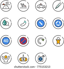 line vector icon set - runway vector, arrival, safety car, thermometer, blood test, eggplant, detour road sign, circle, minimal speed limit, no parking, redo, success, dollar growth