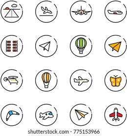line vector icon set - runway vector, arrival, plane, small, seats, paper fly, air balloon, helicopter, butterfly, boomerang, toy