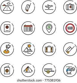 line vector icon set - runway vector, suitcase, departure, passport, schedule, dollar pin, customs road sign, palm, pyramid, tent, trailer, helicopter toy
