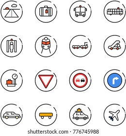 line vector icon set - runway vector, suitcase, airport bus, metal detector gate, train, baggage truck, trap, scales, giving way road sign, no overtake, only right, limousine, skateboard, car, plane