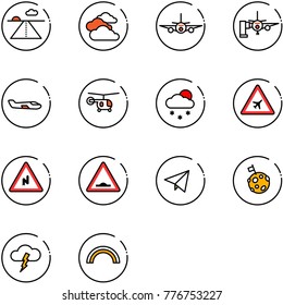 line vector icon set - runway vector, clouds, plane, boarding passengers, small, helicopter, snowfall, airport road sign, abrupt turn right, artificial unevenness, paper fly, moon flag, storm