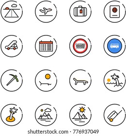 line vector icon set - runway vector, departure, suitcase, passport, trap truck, schedule, customs road sign, bus, job, lounger, palm, mountains, pyramid