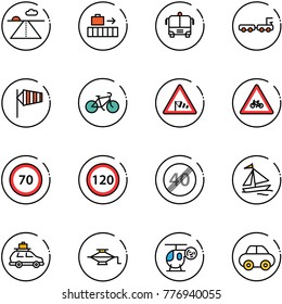 line vector icon set - runway vector, baggage, airport bus, truck, side wind, bike, road sign, for moto, speed limit 70, 120, end, sail boat, car, jack, helicopter toy
