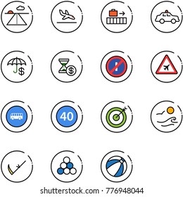 line vector icon set - runway vector, arrival, baggage, safety car, insurance, account history, no parkin odd, airport road sign, bus, minimal speed limit, target, waves, scythe, billiards balls