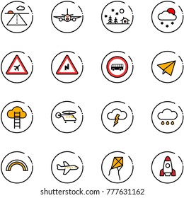 line vector icon set - runway vector, plane, christmas landscape, snowfall, airport road sign, abrupt turn right, no bus, paper fly, cloud ladder, helicopter, storm, rain, rainbow, kite, rocket