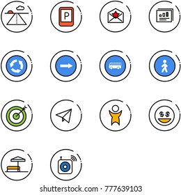 line vector icon set - runway vector, parking sign, star letter, statistics report, circle road, only right, bus, pedestrian way, target, paper fly, success, money smile, inflatable pool