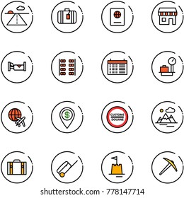 line vector icon set - runway vector, suitcase, passport, duty free, hotel, plane seats, schedule, baggage scales, globe, dollar pin, customs road sign, mountains, sand castle, axe