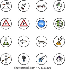 line vector icon set - runway vector, suitcase, baggage truck, dollar pin, intersection road sign, bus, globe, rocket, plane, lounger, palm, kayak, ufo toy