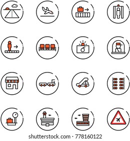 line vector icon set - runway vector, arrival, baggage, metal detector gate, travolator, waiting area, terrorism, officer window, duty free, truck, trap, plane seats, scales, airport building