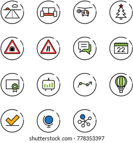 line vector icon set - runway vector, vip waiting area, helicopter, christmas tree, tunnel road sign, narrows, chat, calendar, certificate, presentation chart, point arrow, air balloon, check, globe