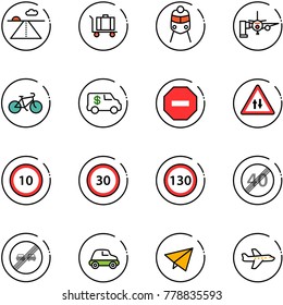 line vector icon set - runway vector, baggage, train, boarding passengers, bike, encashment car, no way road sign, oncoming traffic, speed limit 10, 30, 130, end, overtake, paper fly, plane