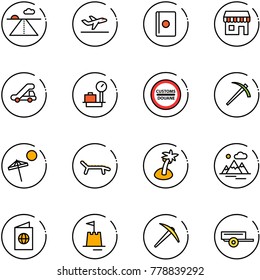 line vector icon set - runway vector, departure, passport, duty free, trap truck, baggage scales, customs road sign, job, beach, lounger, palm, mountains, sand castle, axe, trailer