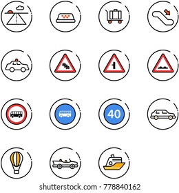 line vector icon set - runway vector, taxi, baggage, escalator down, safety car, multi lane traffic road sign, intersection, rough, no bus, minimal speed limit, limousine, air balloon, cabrio