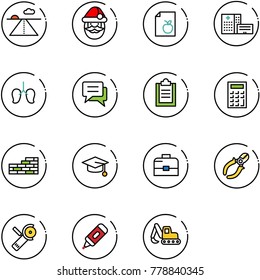 line vector icon set - runway vector, santa claus, diet list, hospital building, lungs, chat, clipboard, calculator, brick wall, graduate hat, case, side cutters, Angular grinder, marker