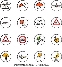 line vector icon set - runway vector, clouds, storm, plane, small, globe, christmas landscape, airport road sign, artificial unevenness, no bus, career, moon flag, cloud ladder, kite, lamp