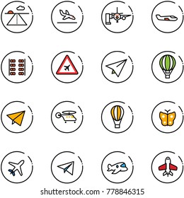 line vector icon set - runway vector, arrival, boarding passengers, small plane, seats, airport road sign, paper, air balloon, fly, helicopter, butterfly, toy